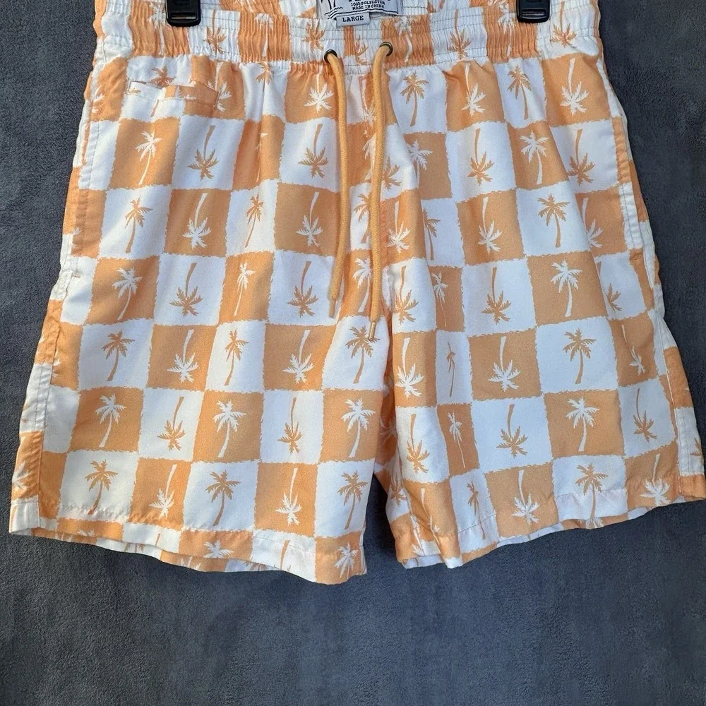 Free Planet Mens Large Hawaiian Lined Swim Trunks & Shirt Orange & White